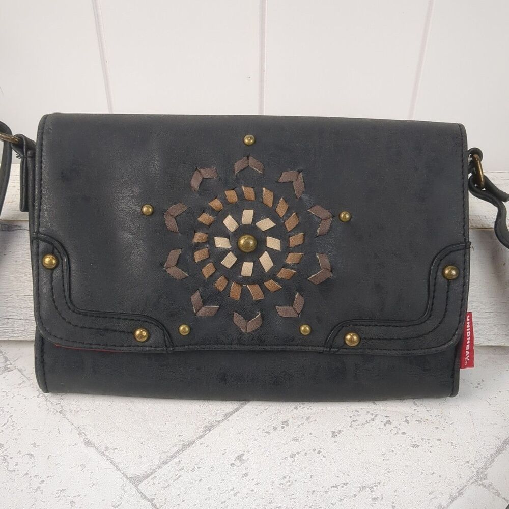 Union Bay Dark Gray Vegan Leather Sun Medallion Studs Adjustable Crossbody Matte